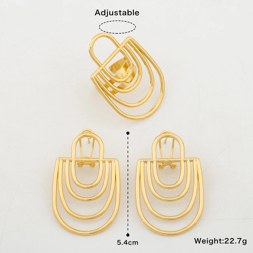 New Design Gold Color Earrings with Ring Jewelry Set for Party African Clip Earrings and Cocktail Ring 2Pcs Set for Weddings