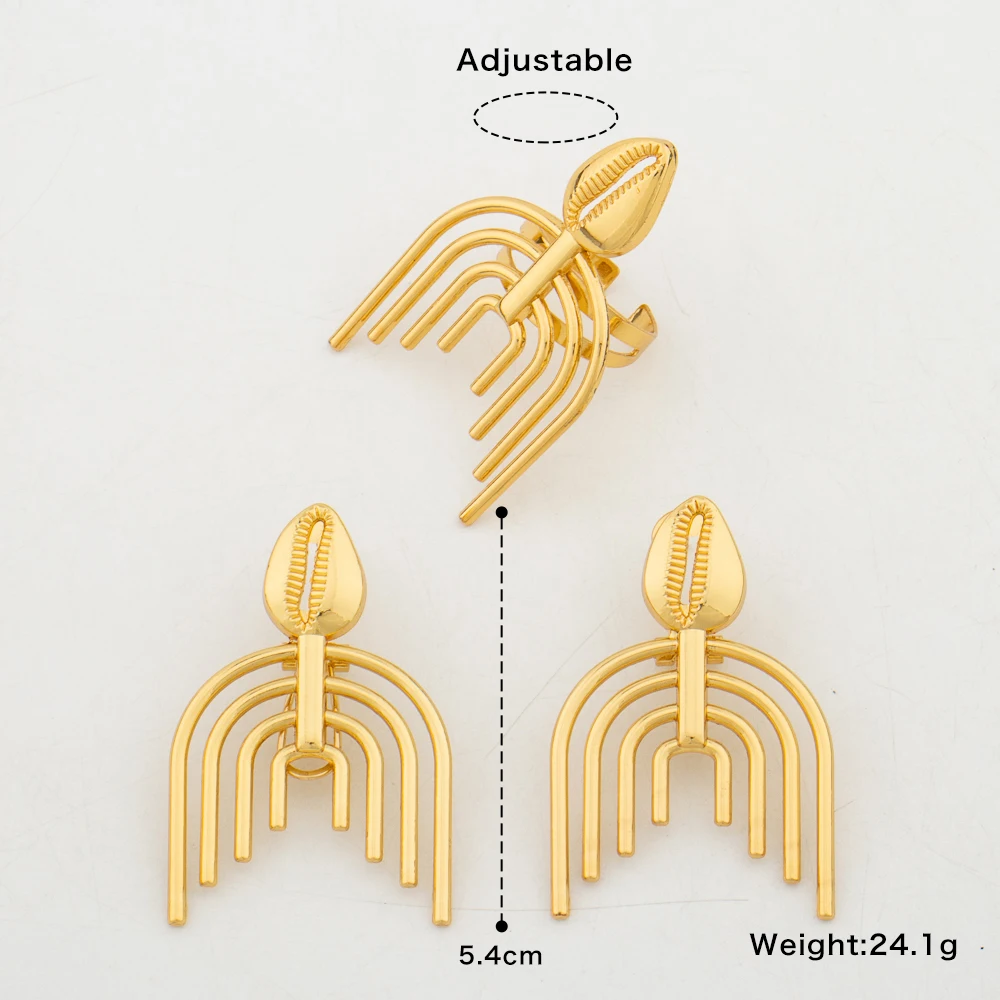 New Design Gold Color Earrings with Ring Jewelry Set for Party African Clip Earrings and Cocktail Ring 2Pcs Set for Weddings