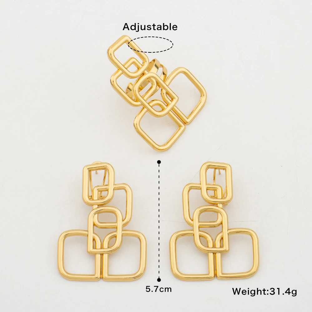 New Design Gold Color Earrings with Ring Jewelry Set for Party African Clip Earrings and Cocktail Ring 2Pcs Set for Weddings