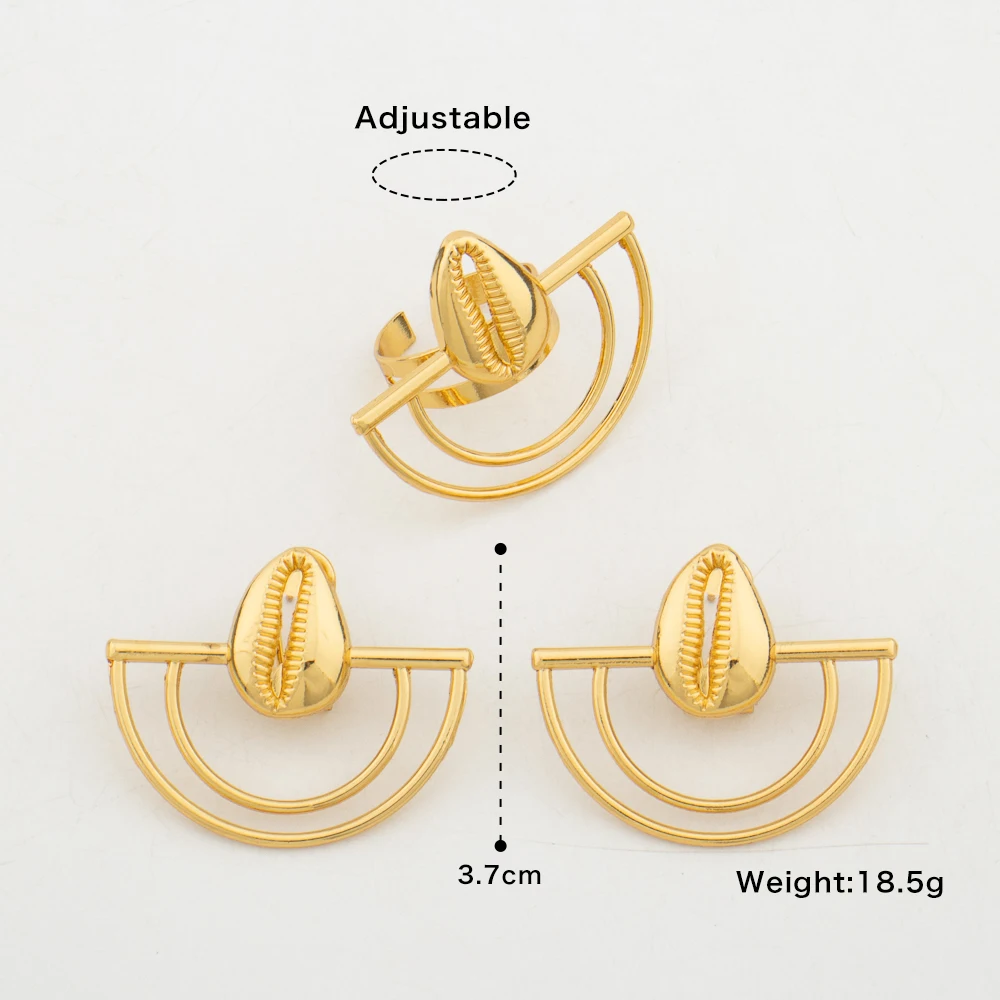 New Design Gold Color Earrings with Ring Jewelry Set for Party African Clip Earrings and Cocktail Ring 2Pcs Set for Weddings