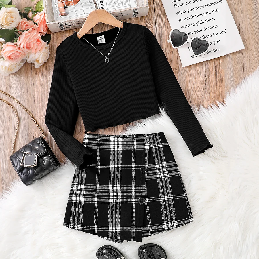 Girls spring new children's fashion casual clothing knitted crew-neck long-sleeved top + asymmetrical plaid skirt 2-piece set