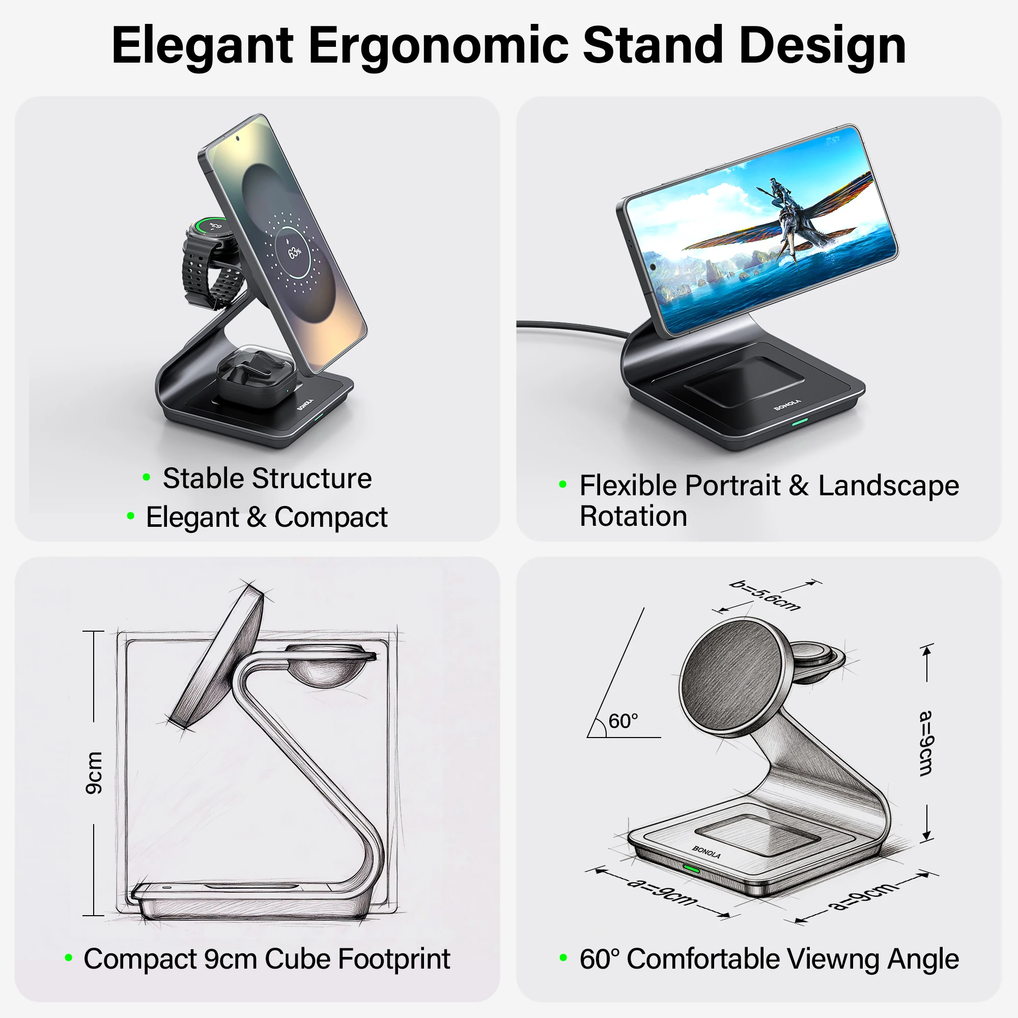 Bonola Magnetic 3 in 1 Wireless Charger Station for Samsung S24 Ultra/S25/26 Fast Charging Stand for Galaxy Watch 9/8/7/6/Buds