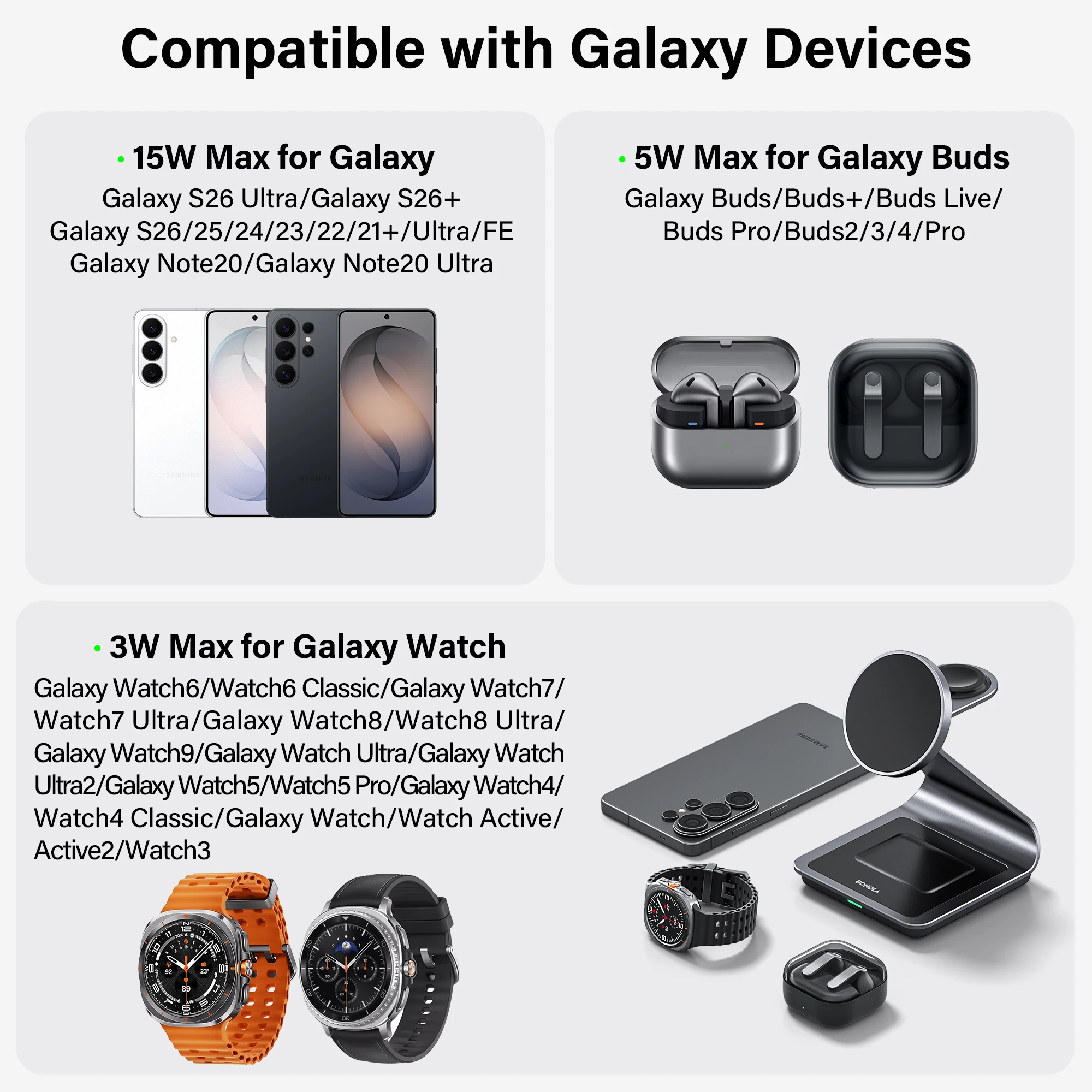 Bonola Magnetic 3 in 1 Wireless Charger Station for Samsung S24 Ultra/S25/26 Fast Charging Stand for Galaxy Watch 9/8/7/6/Buds