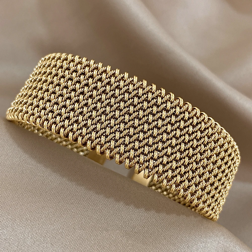 Vintage Stainless Steel Braided Mesh Open Bracelet Classic Cuff Waterproof Jewelry for Women Men Daily Party Wear Jewelry Gifts