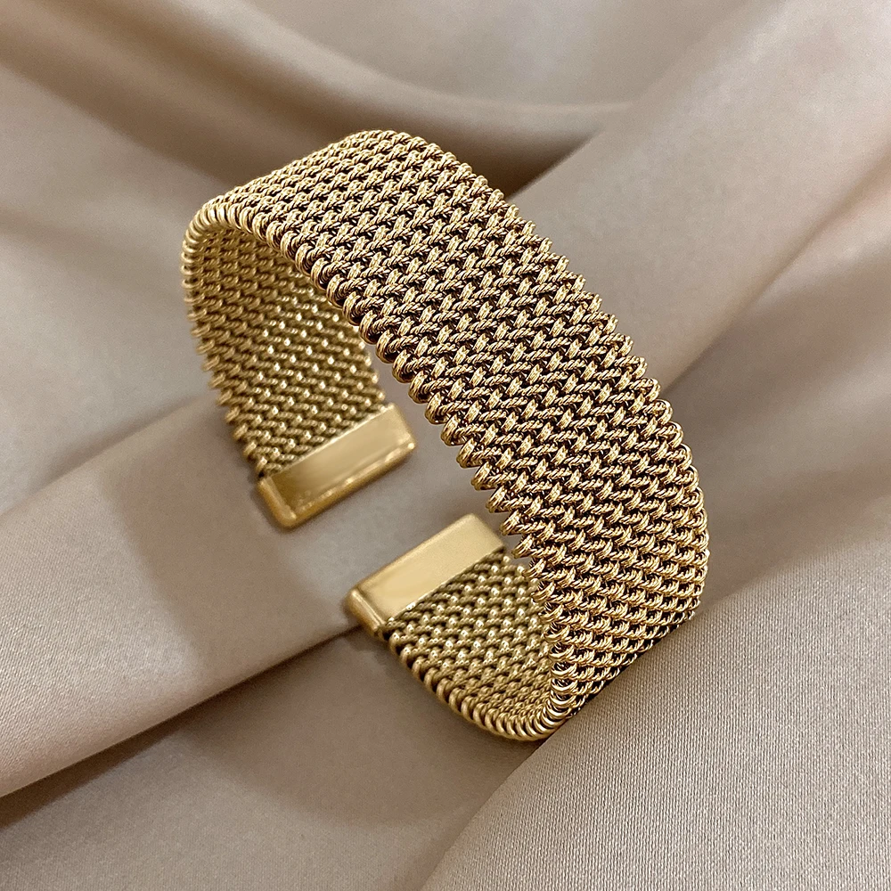 Vintage Stainless Steel Braided Mesh Open Bracelet Classic Cuff Waterproof Jewelry for Women Men Daily Party Wear Jewelry Gifts