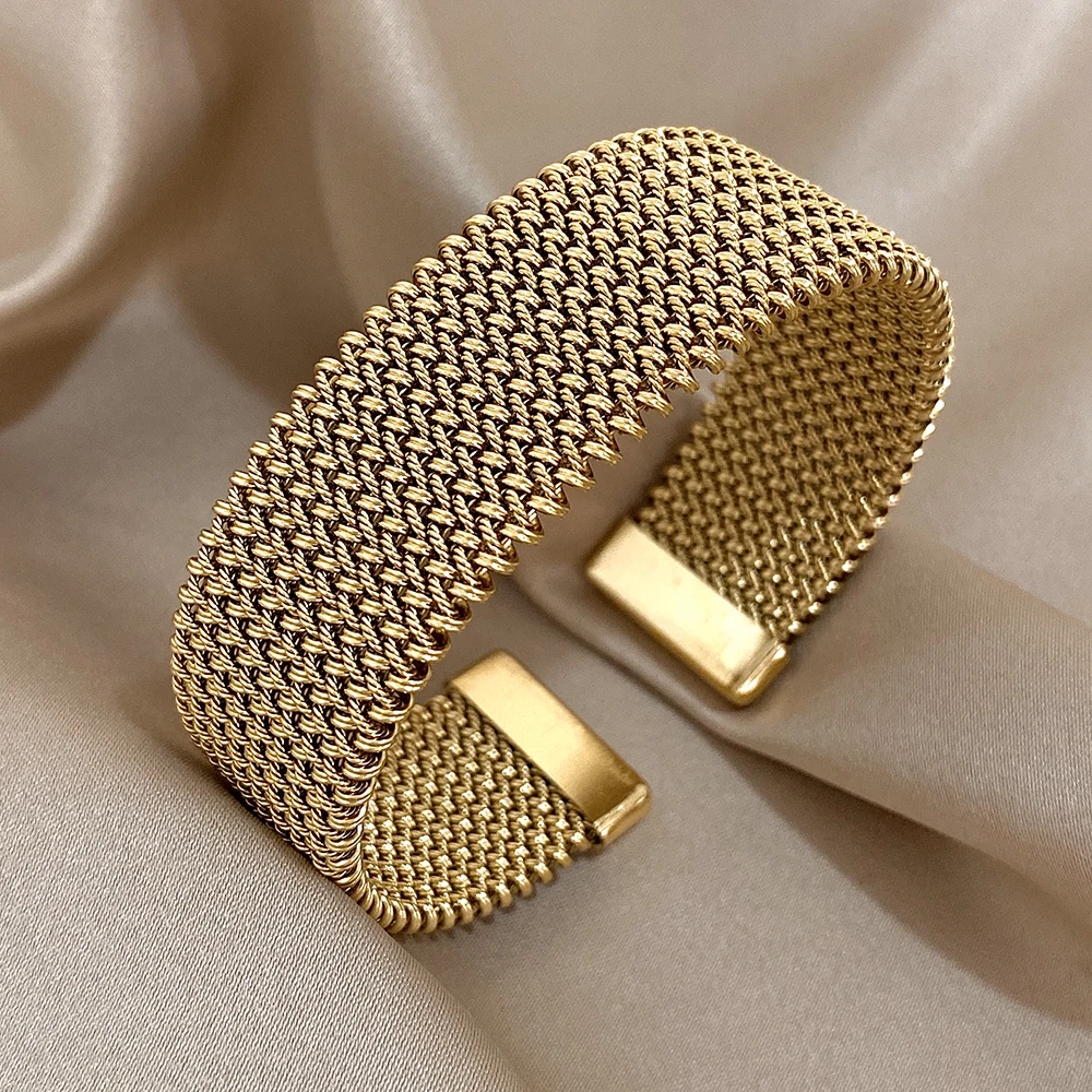 Vintage Stainless Steel Braided Mesh Open Bracelet Classic Cuff Waterproof Jewelry for Women Men Daily Party Wear Jewelry Gifts