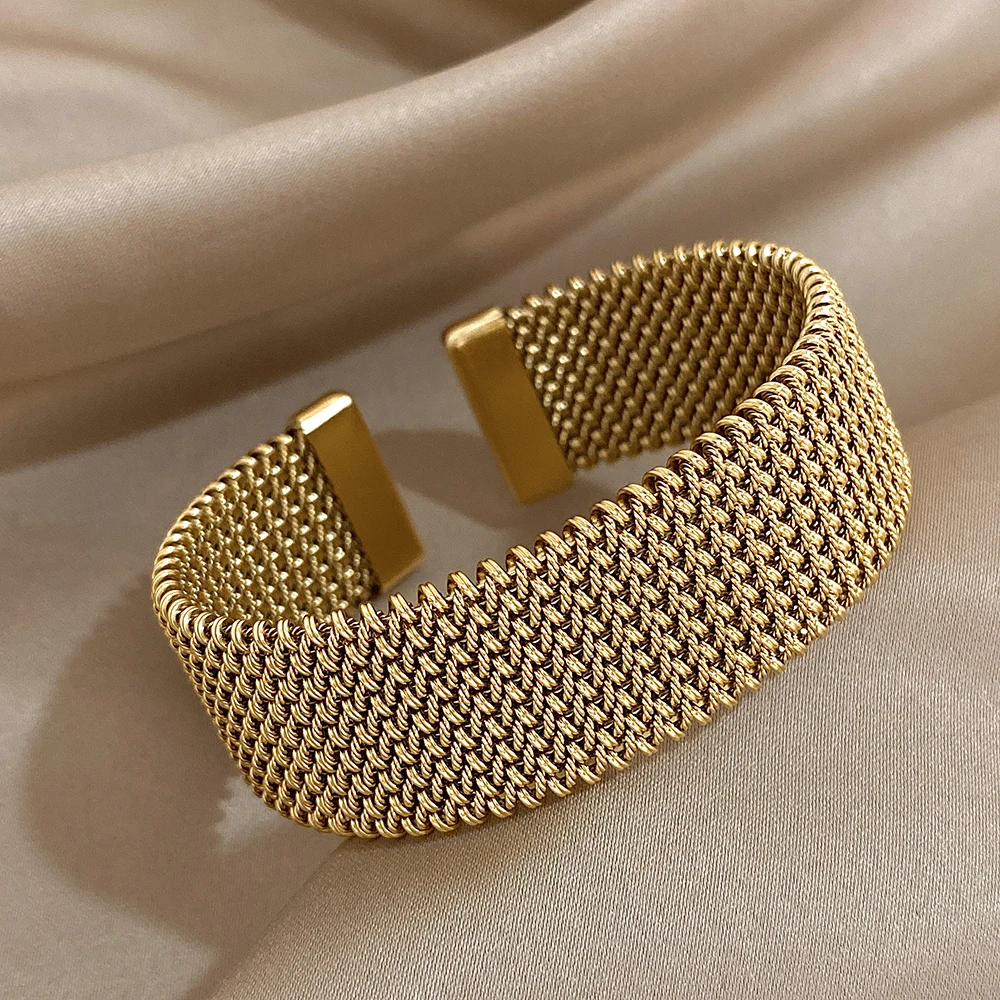 Vintage Stainless Steel Braided Mesh Open Bracelet Classic Cuff Waterproof Jewelry for Women Men Daily Party Wear Jewelry Gifts