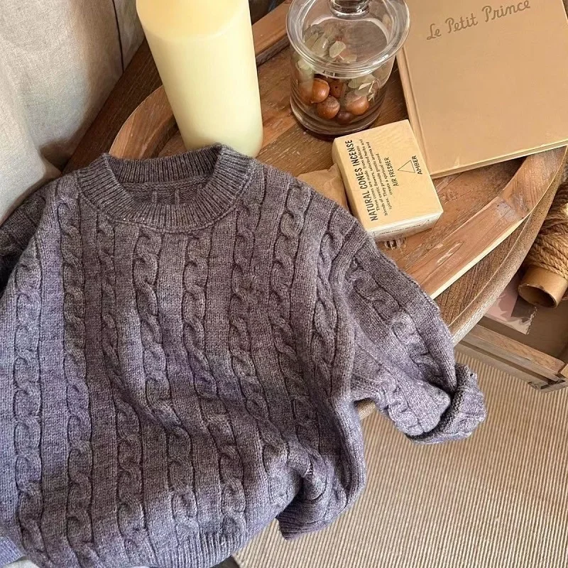 Baby Boy Girl Knitted Sweater Twisted Stripes Toddler Child Solid Color Sweater Pullover Spring Autumn Baby Clothes 2-10Y