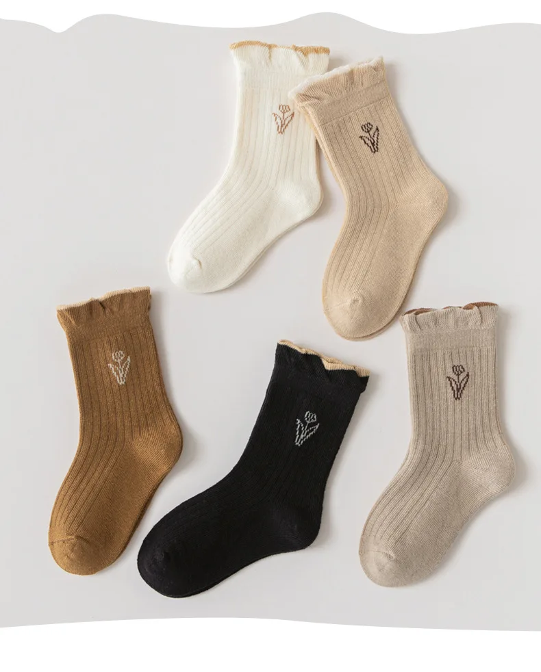 A Class Cotton Socks Autumn Socks Girls Floral Tulip Crew Socks 5 Pairs Children Spring Socks Baby Kids Socks