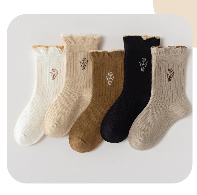 A Class Cotton Socks Autumn Socks Girls Floral Tulip Crew Socks 5 Pairs Children Spring Socks Baby Kids Socks