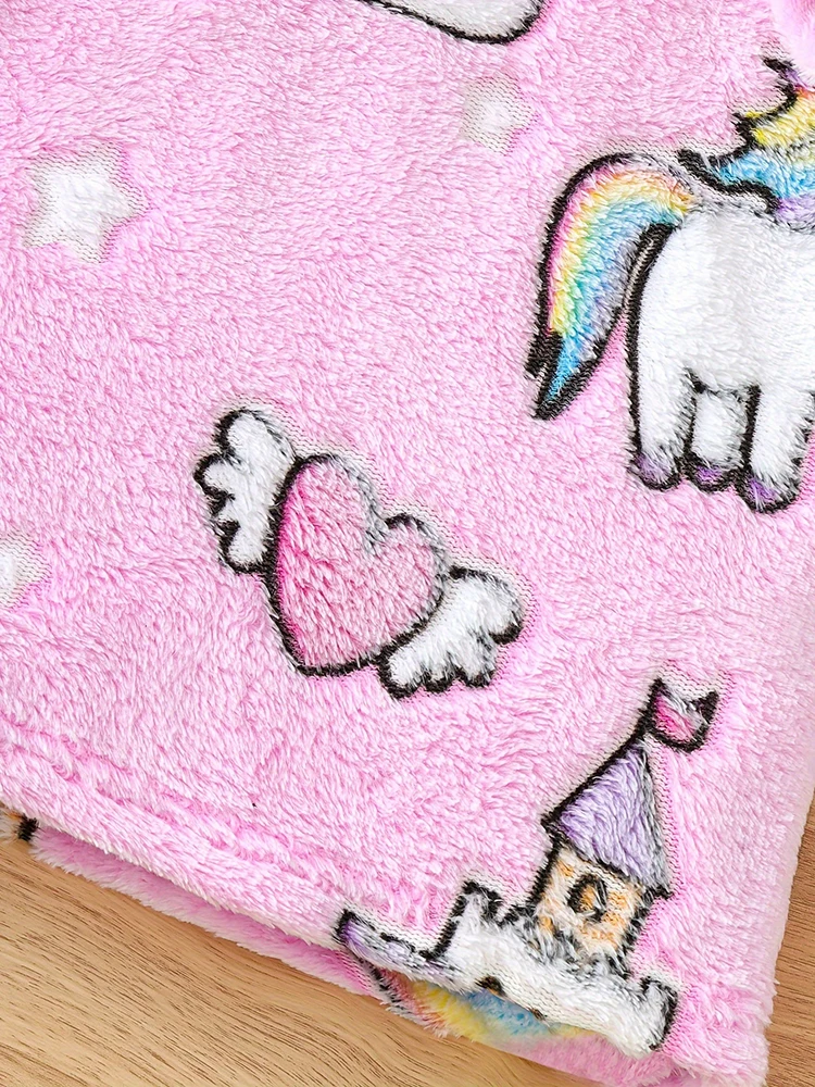 Girls Autumn Cartoon Unicorn Print Flannel Long Sleeve Hooded Dress