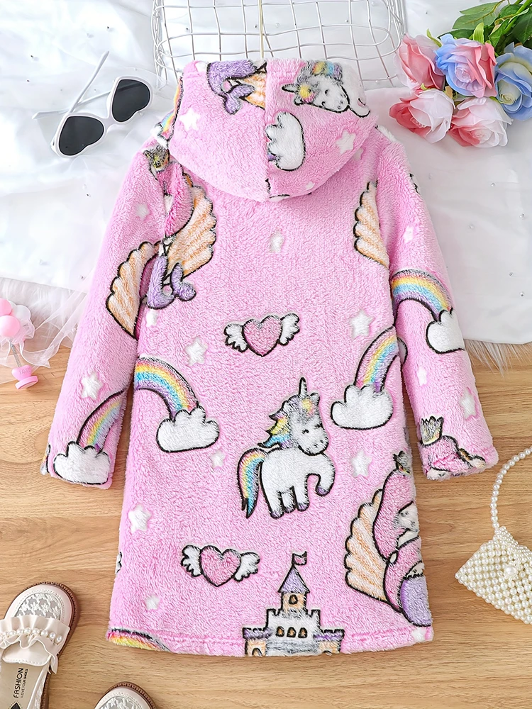 Girls Autumn Cartoon Unicorn Print Flannel Long Sleeve Hooded Dress