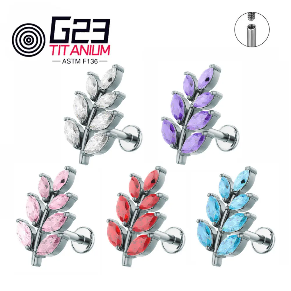 ASTM F136 Titanium 16G Leaf Shape CZ Earring Tragus Helix Conch Lobe Stud Piercing Jewelry
