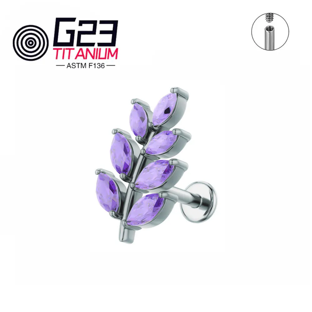 ASTM F136 Titanium 16G Leaf Shape CZ Earring Tragus Helix Conch Lobe Stud Piercing Jewelry