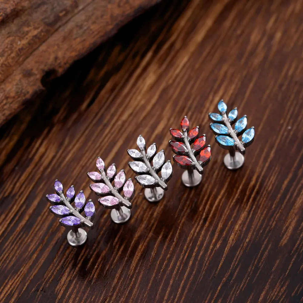 ASTM F136 Titanium 16G Leaf Shape CZ Earring Tragus Helix Conch Lobe Stud Piercing Jewelry