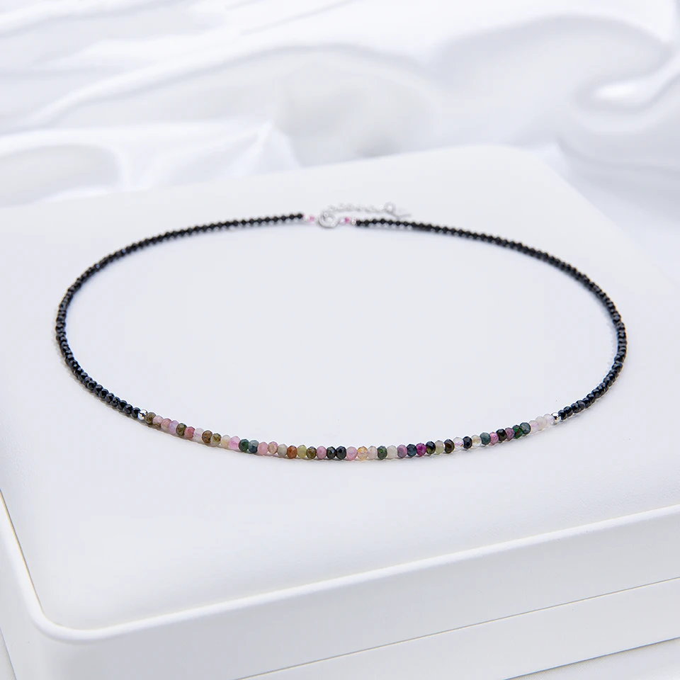 Natural Stone Necklace For Women Silver 925 Jewelry Heart Necklace 2mm Tourmaline Chokers Black Spinel Necklace