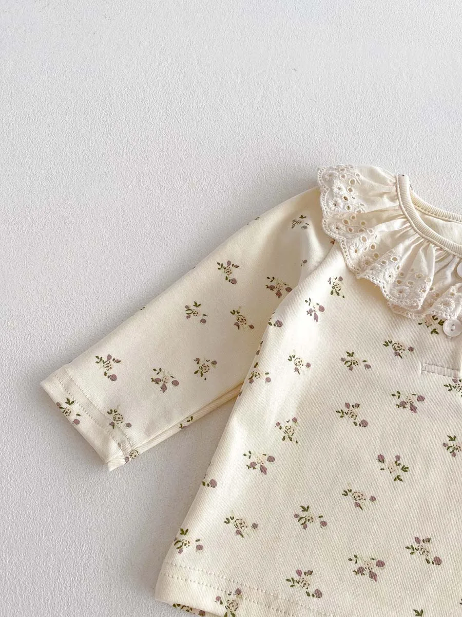 Ins Baby Spring and Autumn Children's Small Floral Baby suit Women's Lace Ruffle Collar Home Clothes 2 pces suit