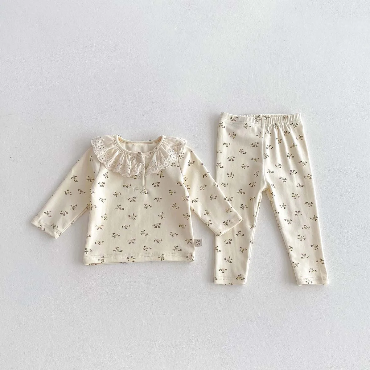 Ins Baby Spring and Autumn Children's Small Floral Baby suit Women's Lace Ruffle Collar Home Clothes 2 pces suit