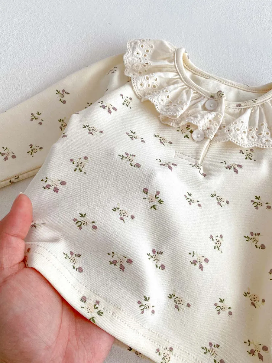 Ins Baby Spring and Autumn Children's Small Floral Baby suit Women's Lace Ruffle Collar Home Clothes 2 pces suit