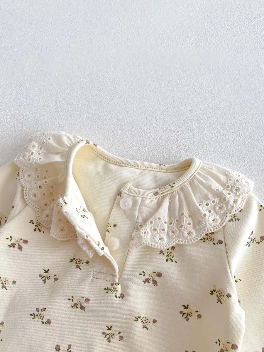 Ins Baby Spring and Autumn Children's Small Floral Baby suit Women's Lace Ruffle Collar Home Clothes 2 pces suit