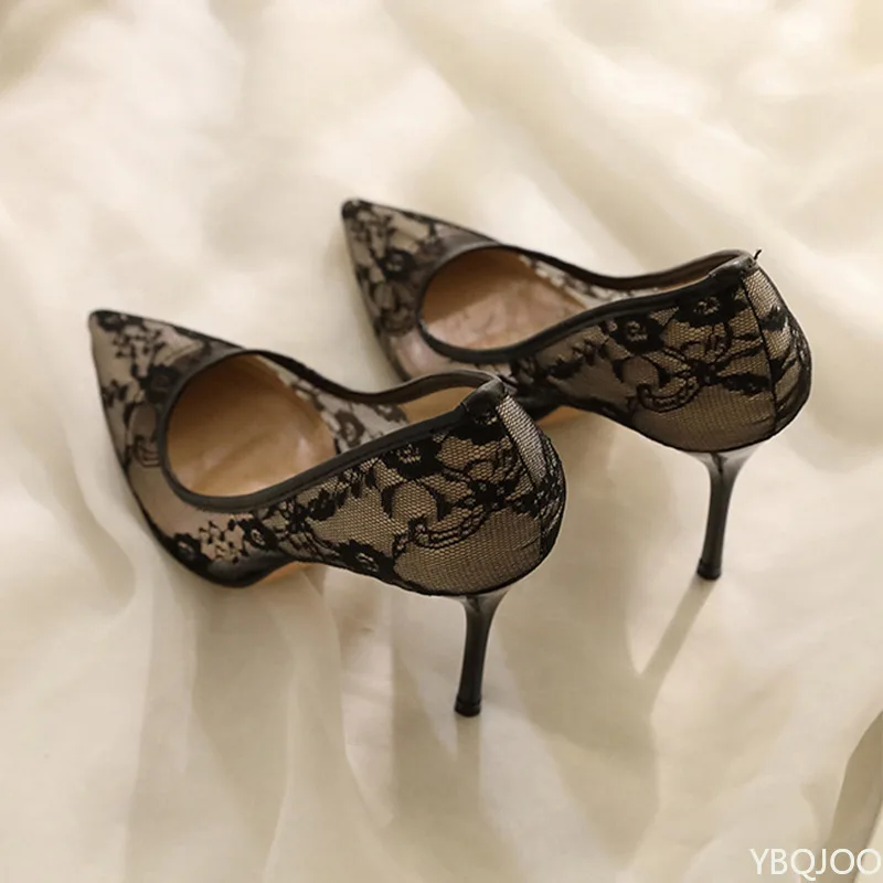 Women's Shoes Breathable Lace Mesh Sexy High Heels Design Sense Niche Temperament Pointed Thin Single Shoes Versatile Solid
