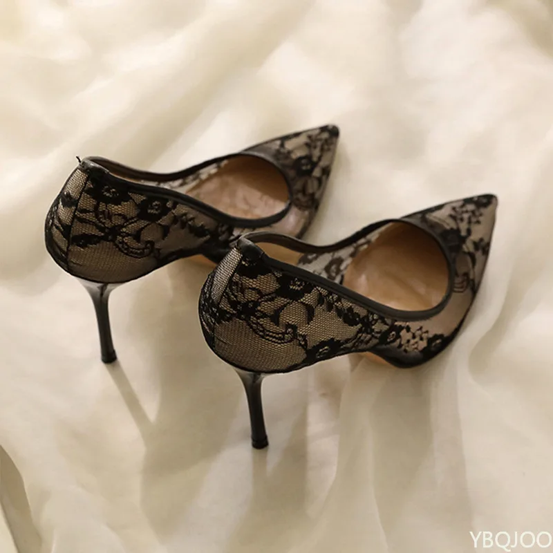 Women's Shoes Breathable Lace Mesh Sexy High Heels Design Sense Niche Temperament Pointed Thin Single Shoes Versatile Solid