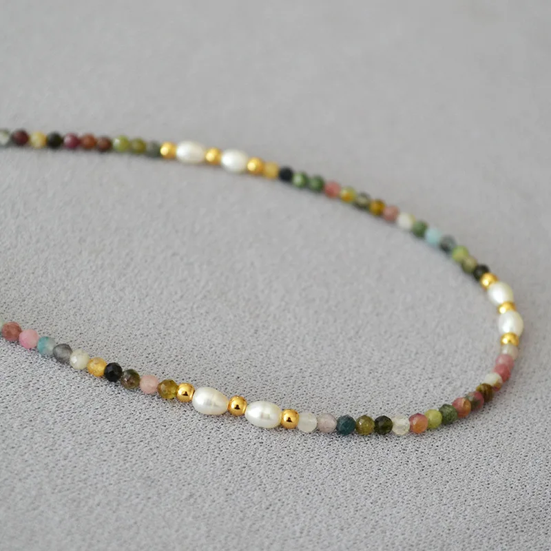 French retro art colored tourmaline real stone freshwater rice grain pearl bead short style fine necklace collarbone chain