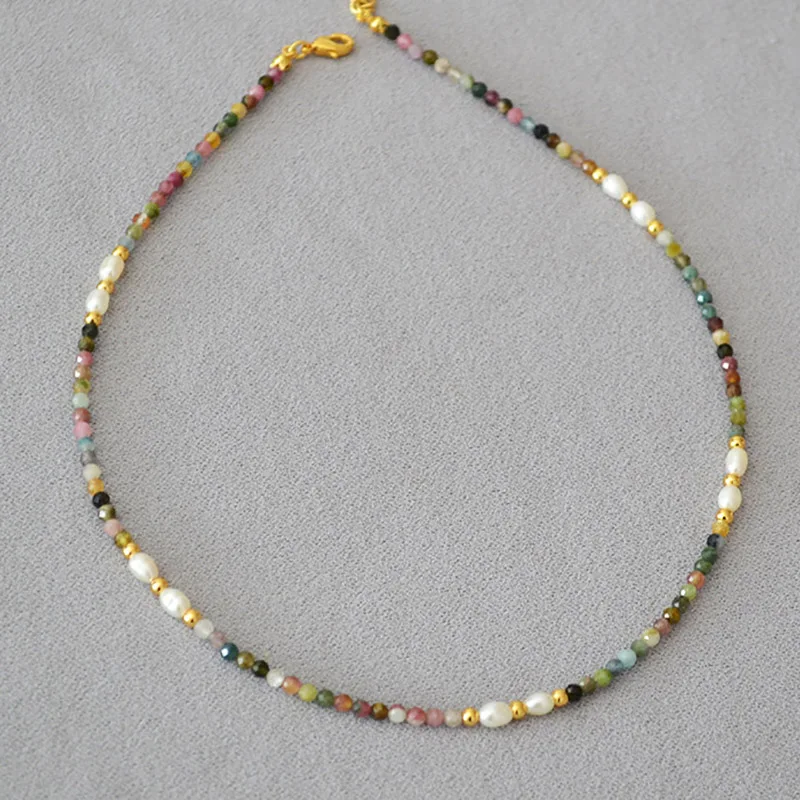 French retro art colored tourmaline real stone freshwater rice grain pearl bead short style fine necklace collarbone chain