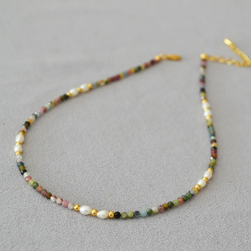 French retro art colored tourmaline real stone freshwater rice grain pearl bead short style fine necklace collarbone chain
