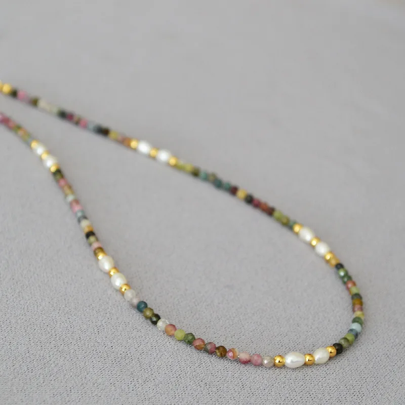 French retro art colored tourmaline real stone freshwater rice grain pearl bead short style fine necklace collarbone chain