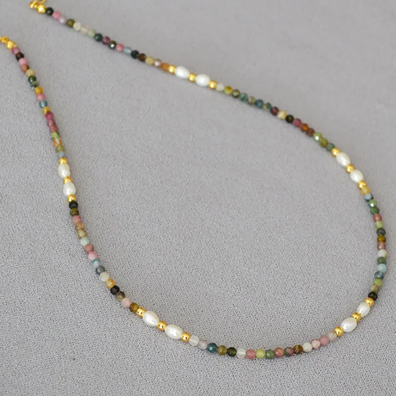 French retro art colored tourmaline real stone freshwater rice grain pearl bead short style fine necklace collarbone chain