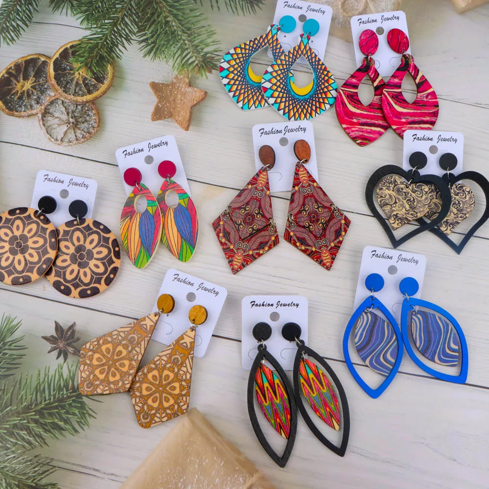 10/20/30/50Pairs/Lot Fashionable Printed Women's Wooden Thread Bohemian Vintage Hanging Earrings Daily Jewelry Randomly Shipped