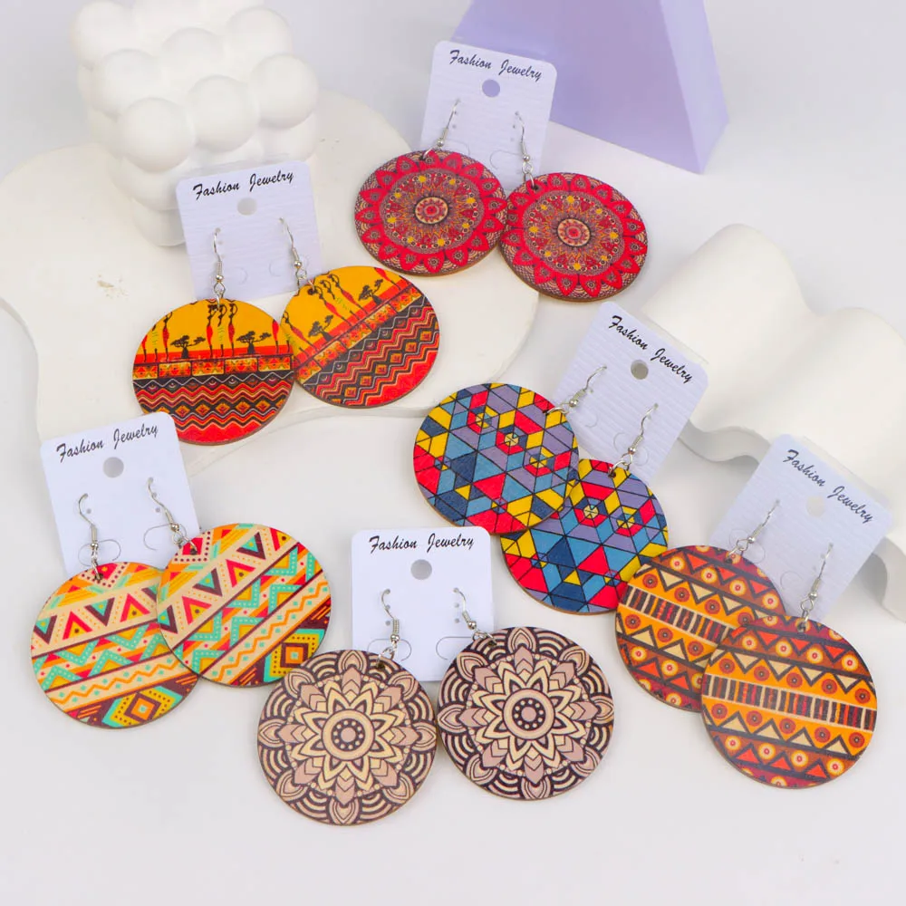 10/20/30/50Pairs/Lot Fashionable Printed Women's Wooden Thread Bohemian Vintage Hanging Earrings Daily Jewelry Randomly Shipped