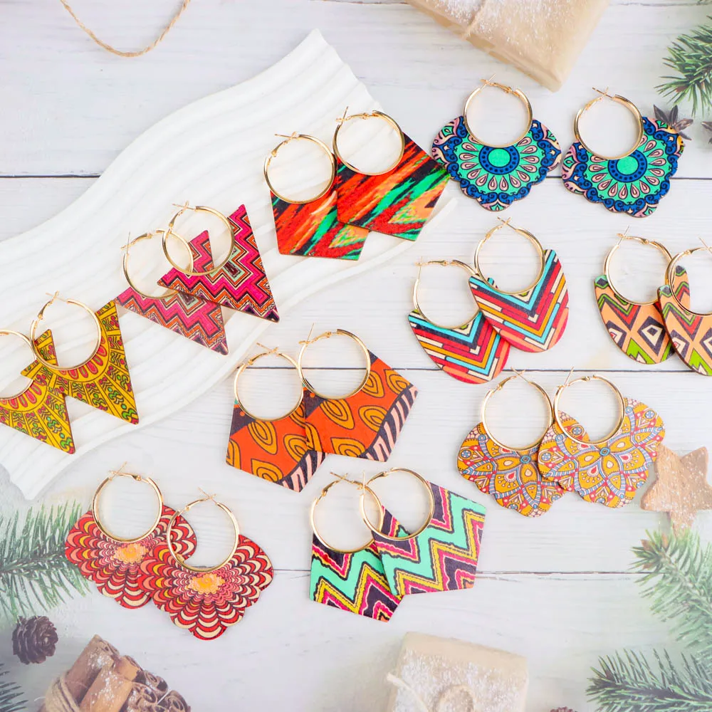 10/20/30/50Pairs/Lot Fashionable Printed Women's Wooden Thread Bohemian Vintage Hanging Earrings Daily Jewelry Randomly Shipped
