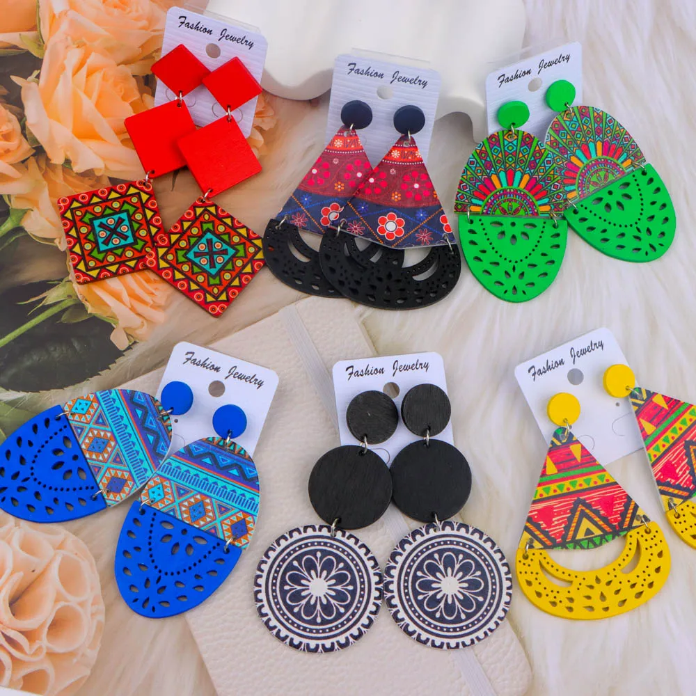 10/20/30/50Pairs/Lot Fashionable Printed Women's Wooden Thread Bohemian Vintage Hanging Earrings Daily Jewelry Randomly Shipped