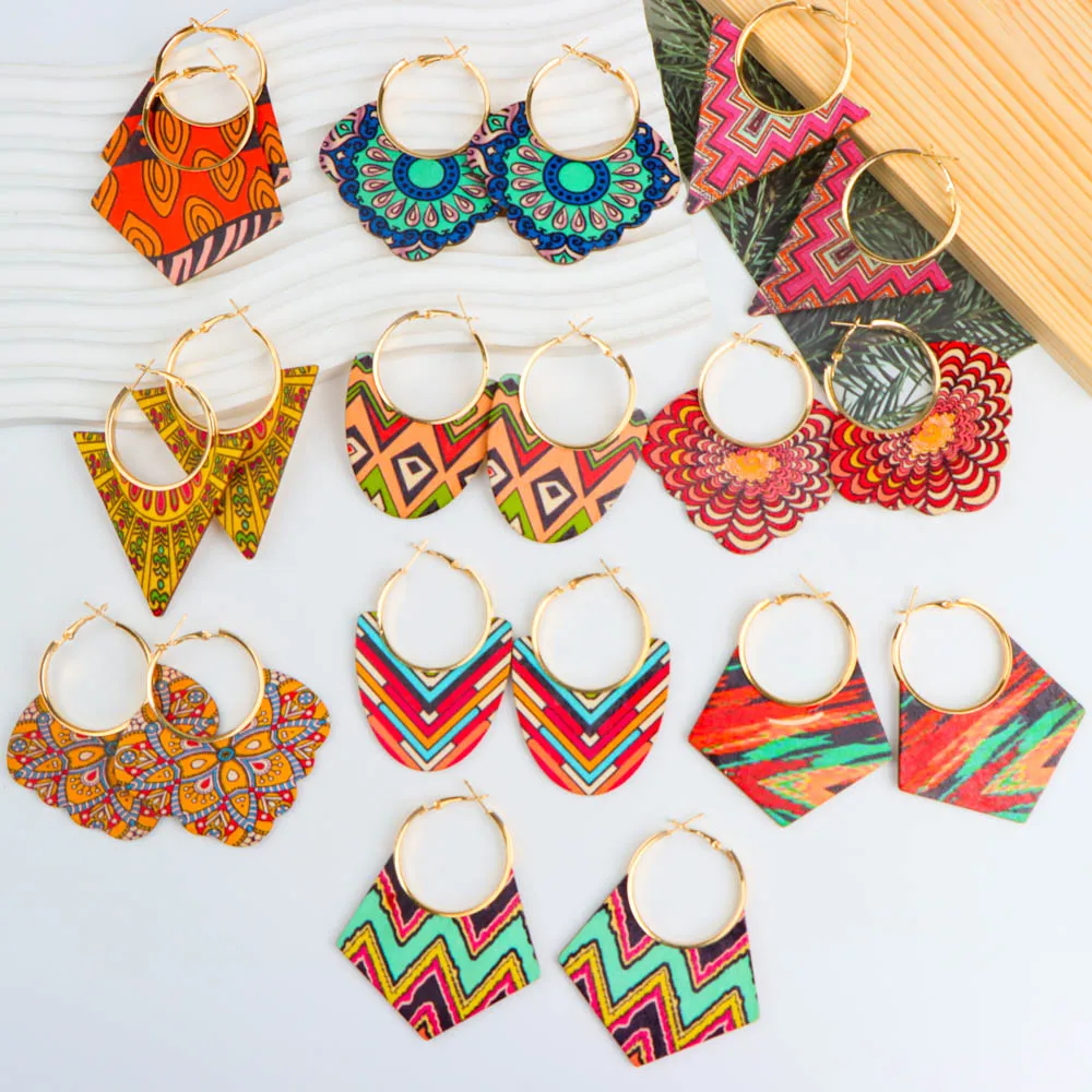 10/20/30/50Pairs/Lot Fashionable Printed Women's Wooden Thread Bohemian Vintage Hanging Earrings Daily Jewelry Randomly Shipped