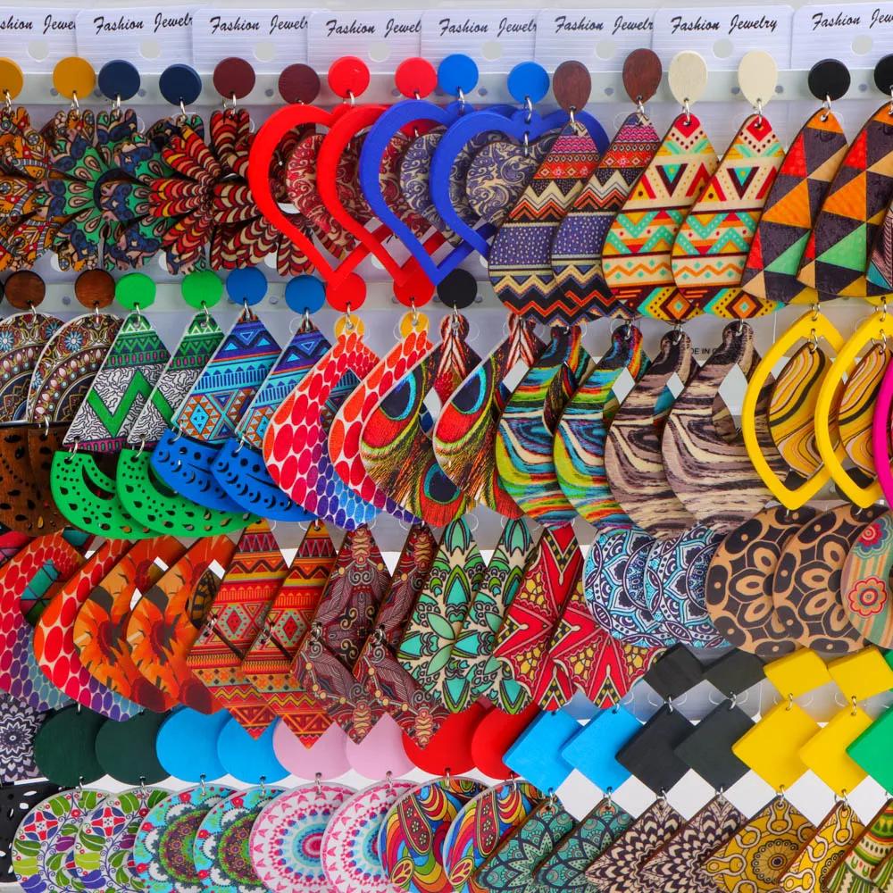 10/20/30/50Pairs/Lot Fashionable Printed Women's Wooden Thread Bohemian Vintage Hanging Earrings Daily Jewelry Randomly Shipped