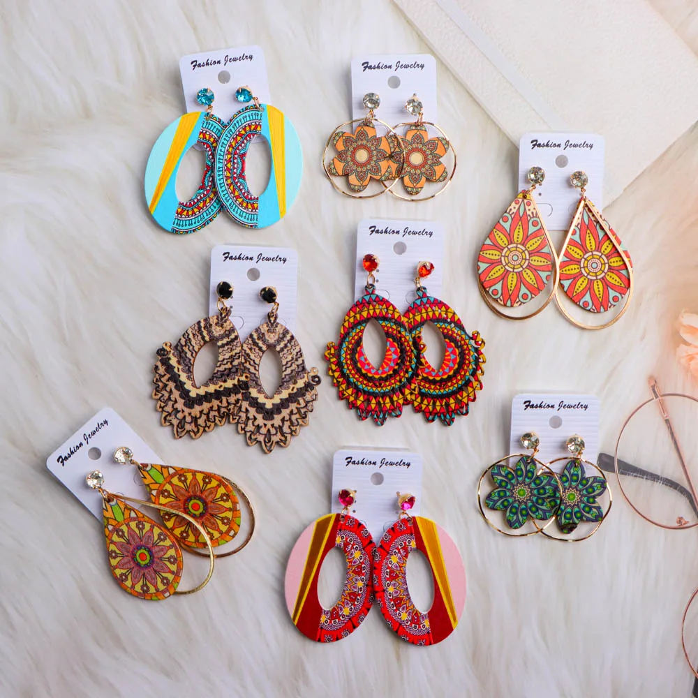 10/20/30/50Pairs/Lot Fashionable Printed Women's Wooden Thread Bohemian Vintage Hanging Earrings Daily Jewelry Randomly Shipped