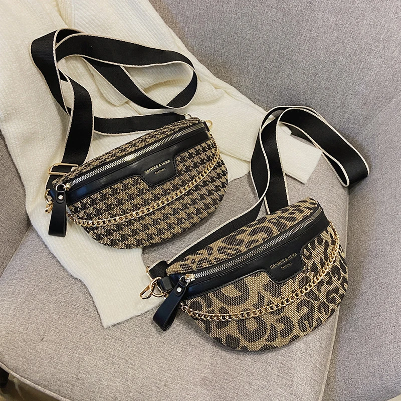 New Fashion Leopard Women Waist Bag Female Phone Purses Ladies Chest Wide Strap Crossbody Shoulder Bags Small Chain Fanny Packs