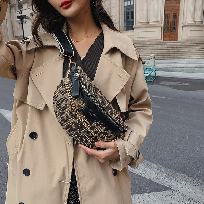 New Fashion Leopard Women Waist Bag Female Phone Purses Ladies Chest Wide Strap Crossbody Shoulder Bags Small Chain Fanny Packs