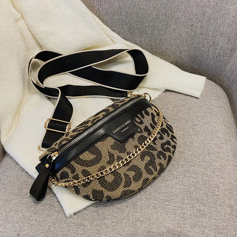 New Fashion Leopard Women Waist Bag Female Phone Purses Ladies Chest Wide Strap Crossbody Shoulder Bags Small Chain Fanny Packs