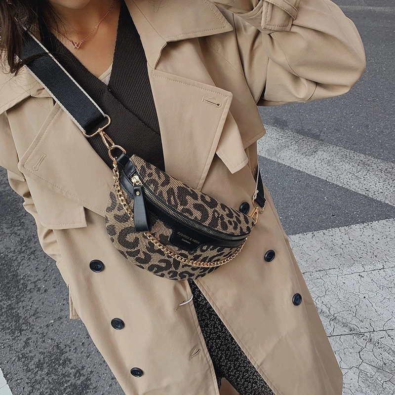 New Fashion Leopard Women Waist Bag Female Phone Purses Ladies Chest Wide Strap Crossbody Shoulder Bags Small Chain Fanny Packs