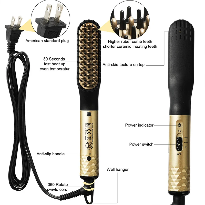 Hot Comb Straightener Electric Negative Ion Hair Straightener Brush Fast Heated Portable Men Mini Beard Straightening Comb