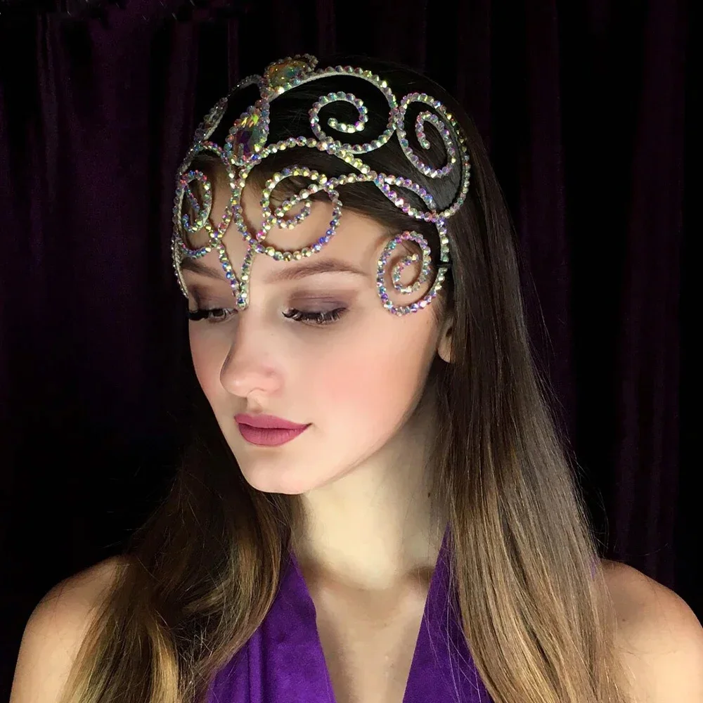 Gorgeous Belly Dance Headpiece Headband Bridal Hair Accessories Hollow Colourful Rhinestone Head Chain for Women Ballroom