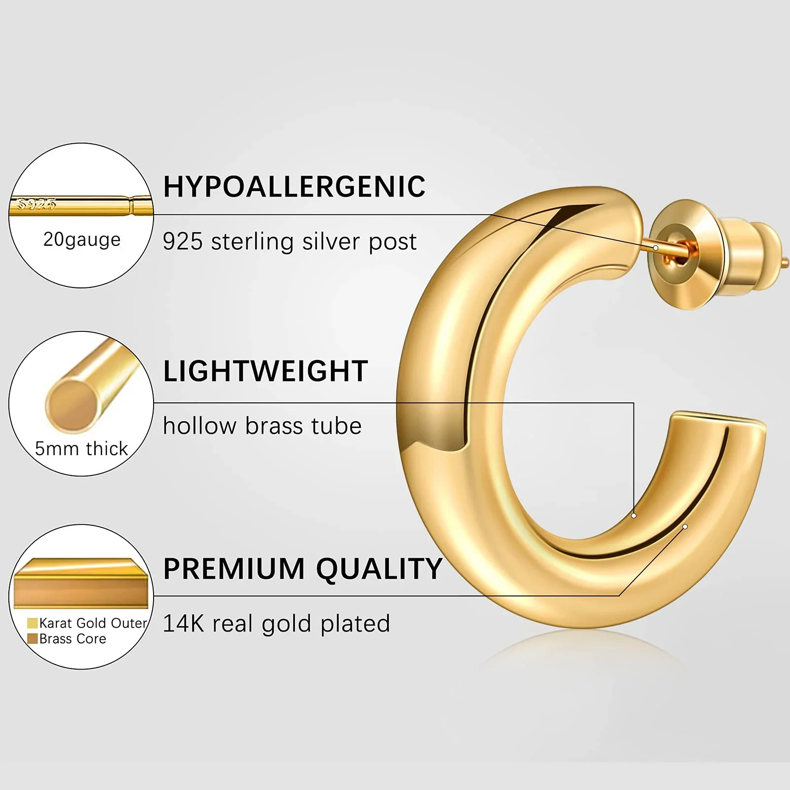 Eavva Hoop Earrings for Women Classic 14K Real Gold Plated Copper Hoop With 925 Sterling Silver Post Fashion Jewelry For Gift