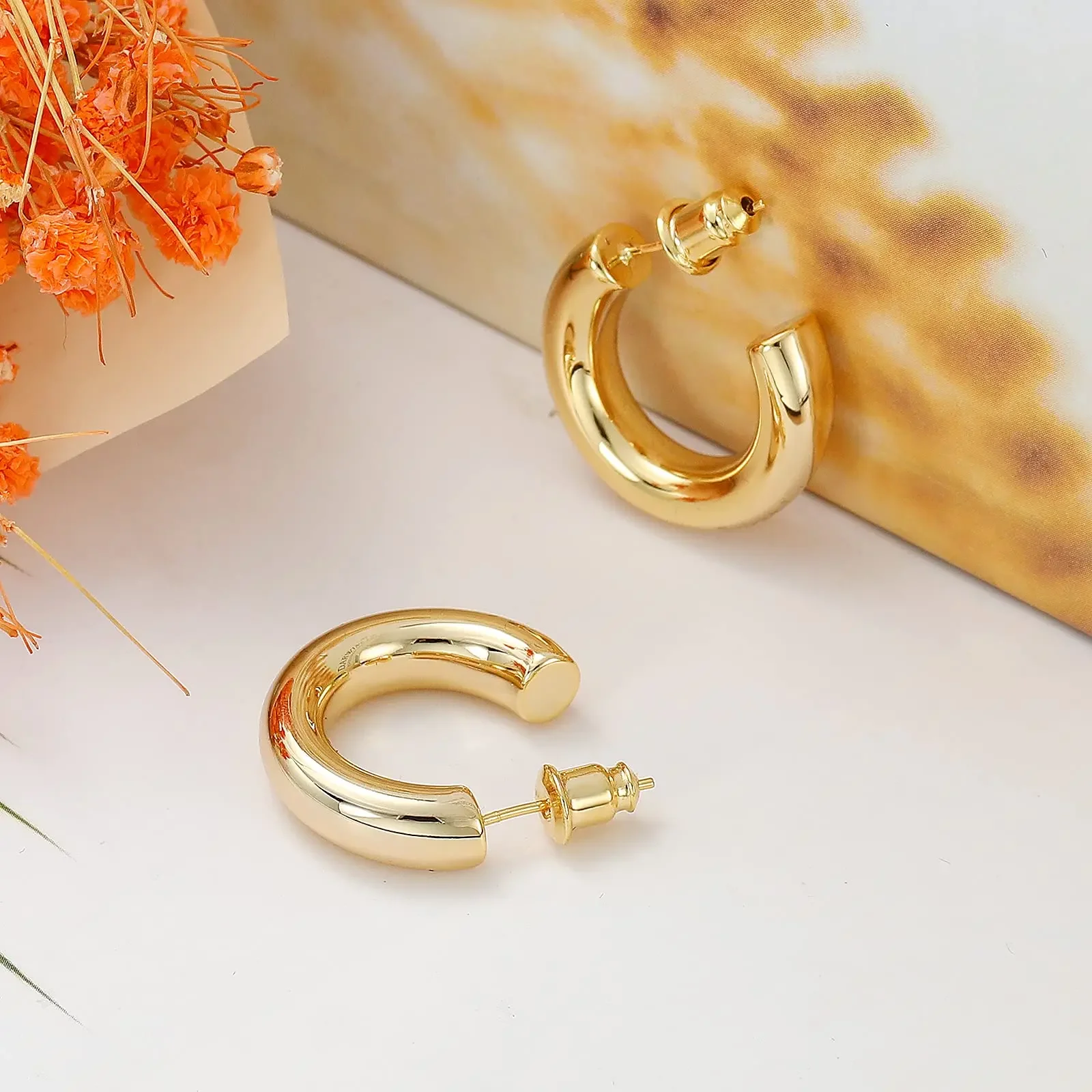 Eavva Hoop Earrings for Women Classic 14K Real Gold Plated Copper Hoop With 925 Sterling Silver Post Fashion Jewelry For Gift