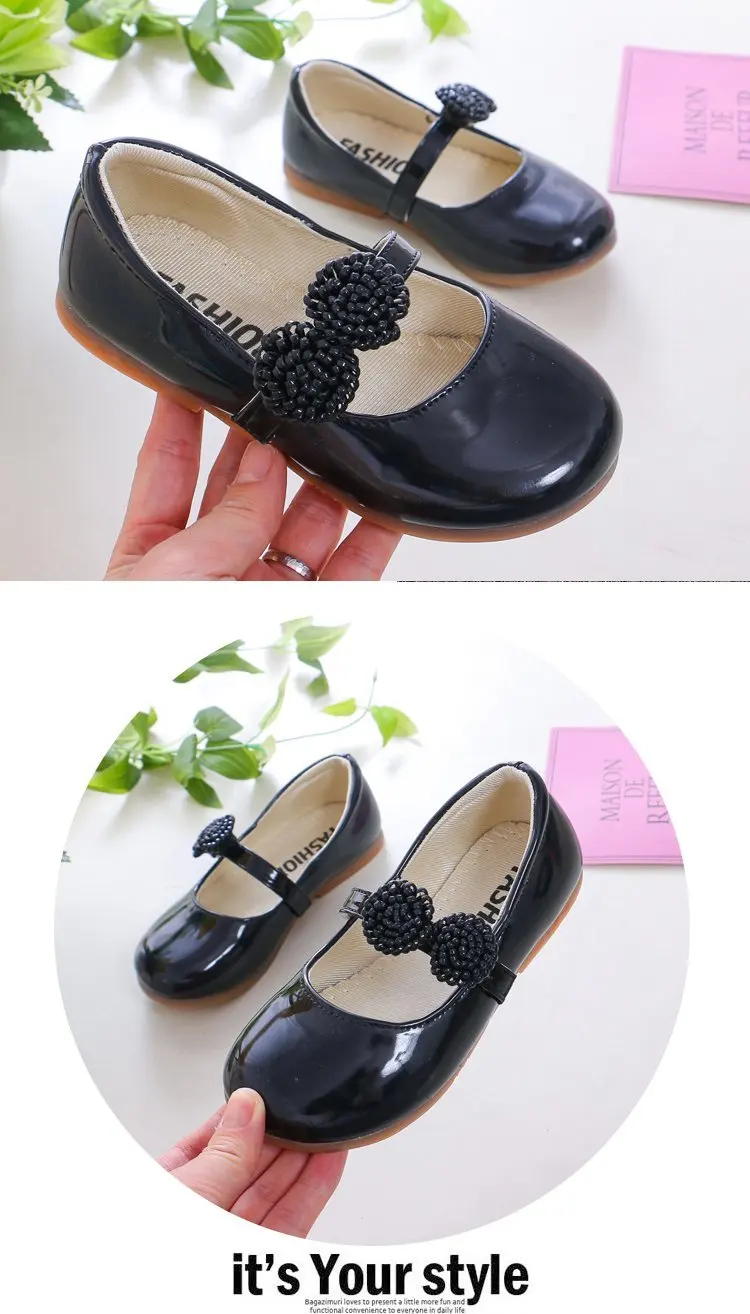 Kids Leather Shoes for Girls School Black Beige Shoes Floral Flower Girl Flats for Wedding Party Children Mary Janes Princess