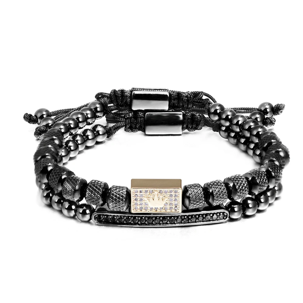 2pcs/set Charm Bracelet Men Stainless Steel Bracelet Beads Gold Color Bracelet For Men Cz Zircon Crown Bracelet