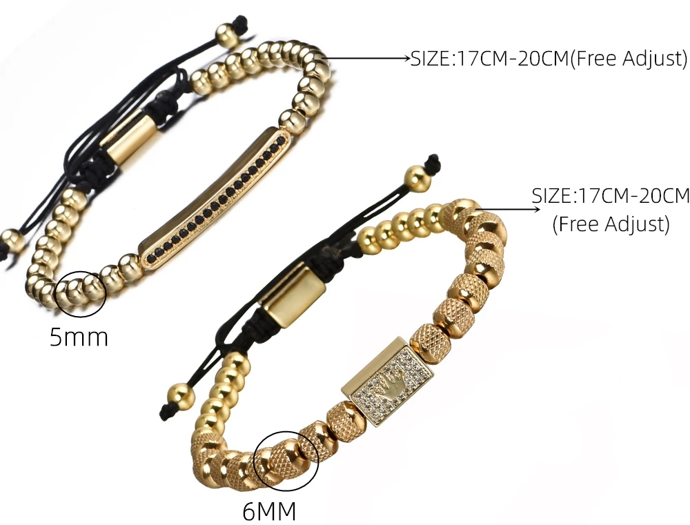 2pcs/set Charm Bracelet Men Stainless Steel Bracelet Beads Gold Color Bracelet For Men Cz Zircon Crown Bracelet