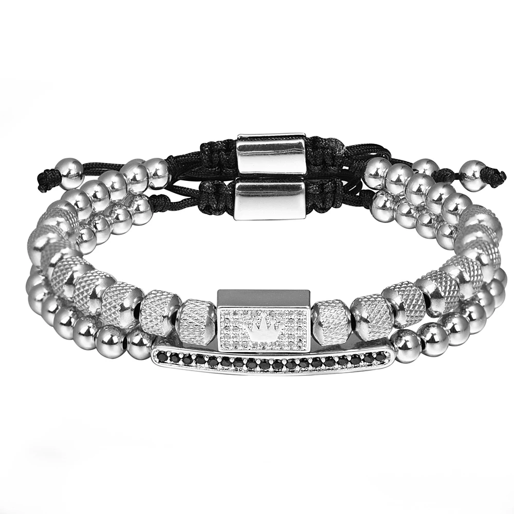 2pcs/set Charm Bracelet Men Stainless Steel Bracelet Beads Gold Color Bracelet For Men Cz Zircon Crown Bracelet